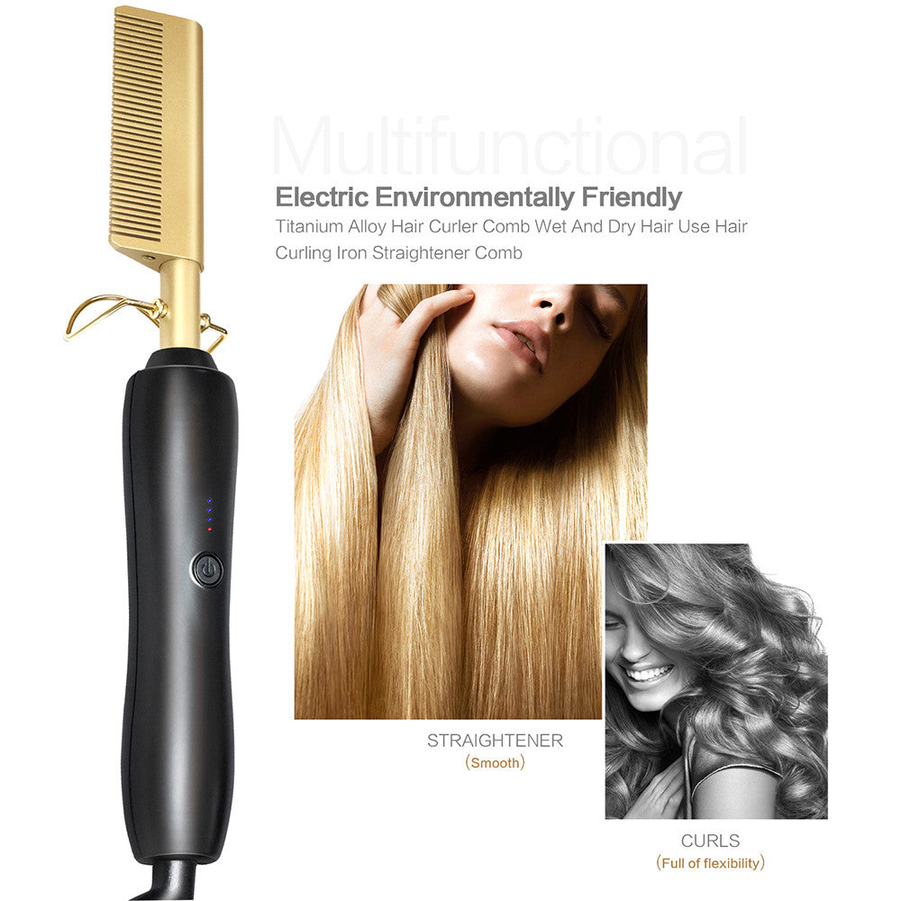 Adjustable Electric Hair Straightener with Thermal Brush for Curling and Waving